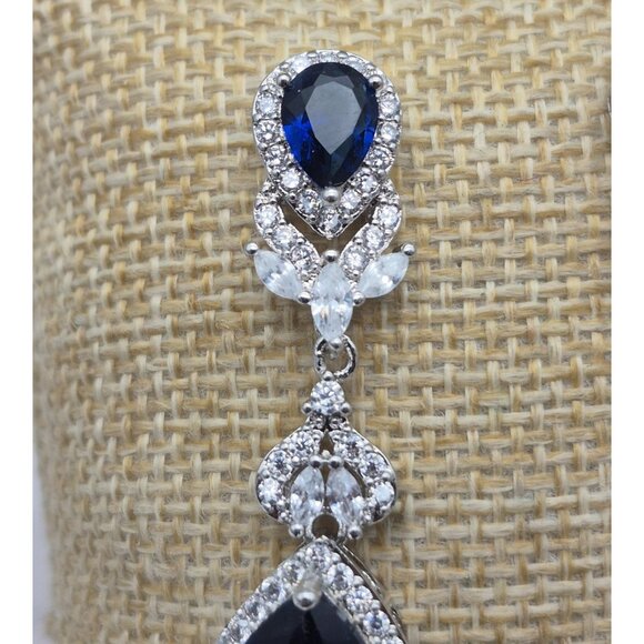 Runway Statement Drop Chandelier Earrings Silver Tone & Blue Crystal Formal Prom - Picture 2 of 6